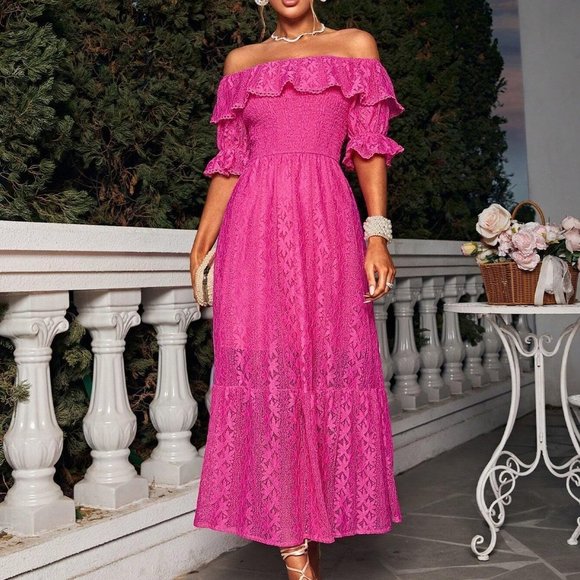 Pink Boho Womens Off Shoulder Ruffle Trim Lace Dress - Picture 5 of 5